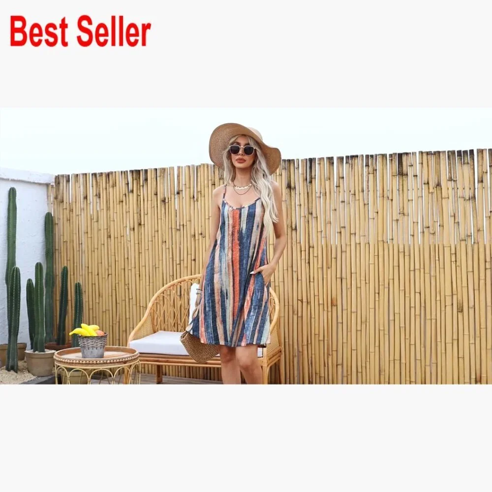 Cotton Blend Spaghetti Strap Sundress with Pockets Loose Fit